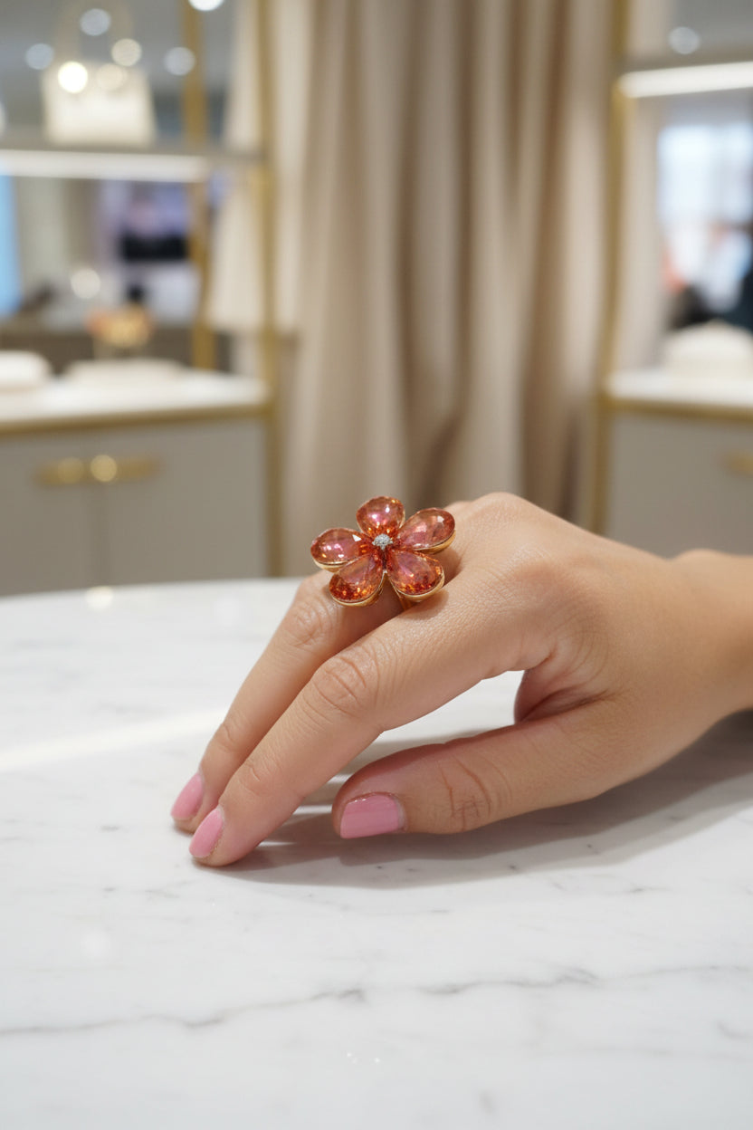 Glass Flower Adjustable Silver Ring