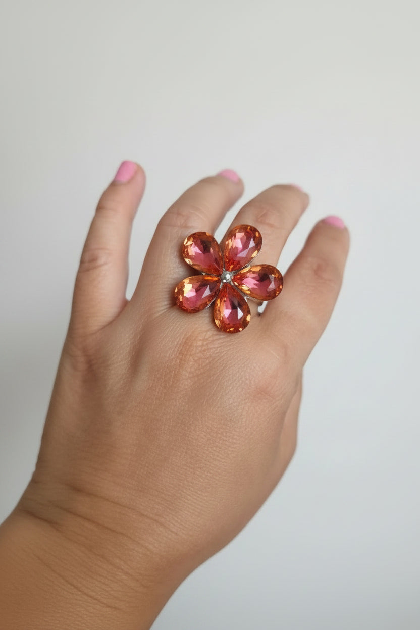 Glass Flower Adjustable Silver Ring