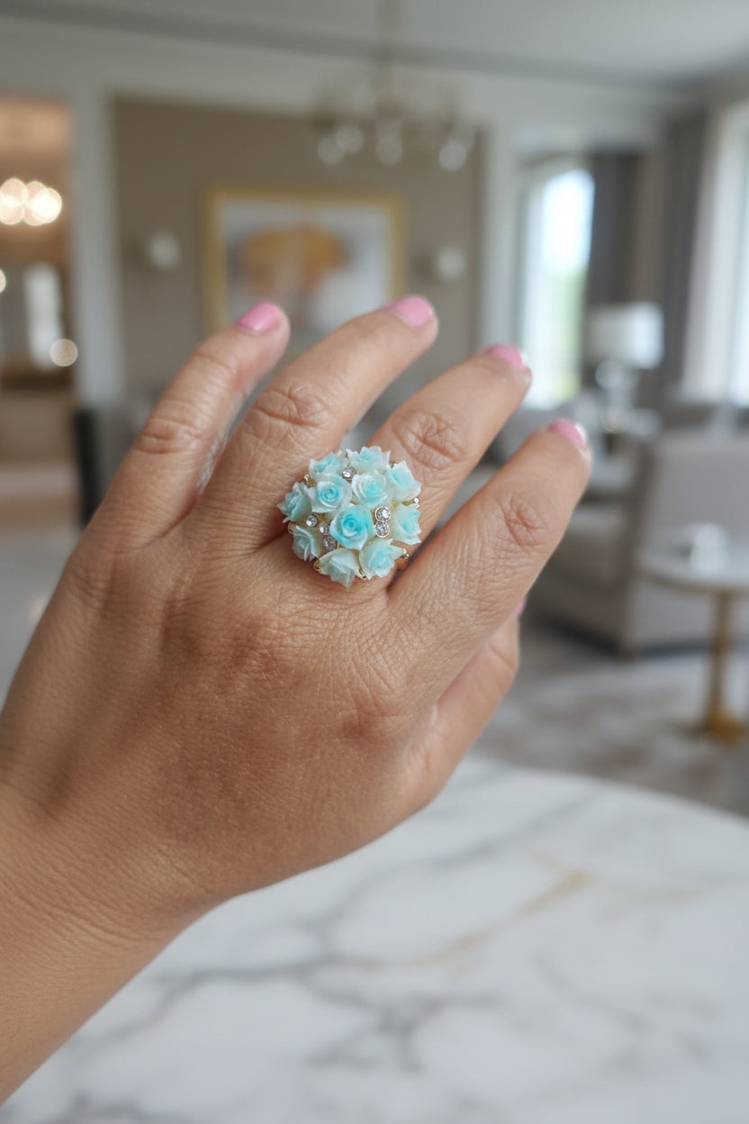 Blue Glass Flower Adjustable Gold Ring
