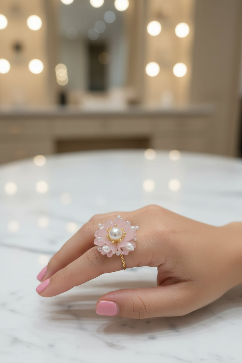 Pink Floral Pearl Statement Ring