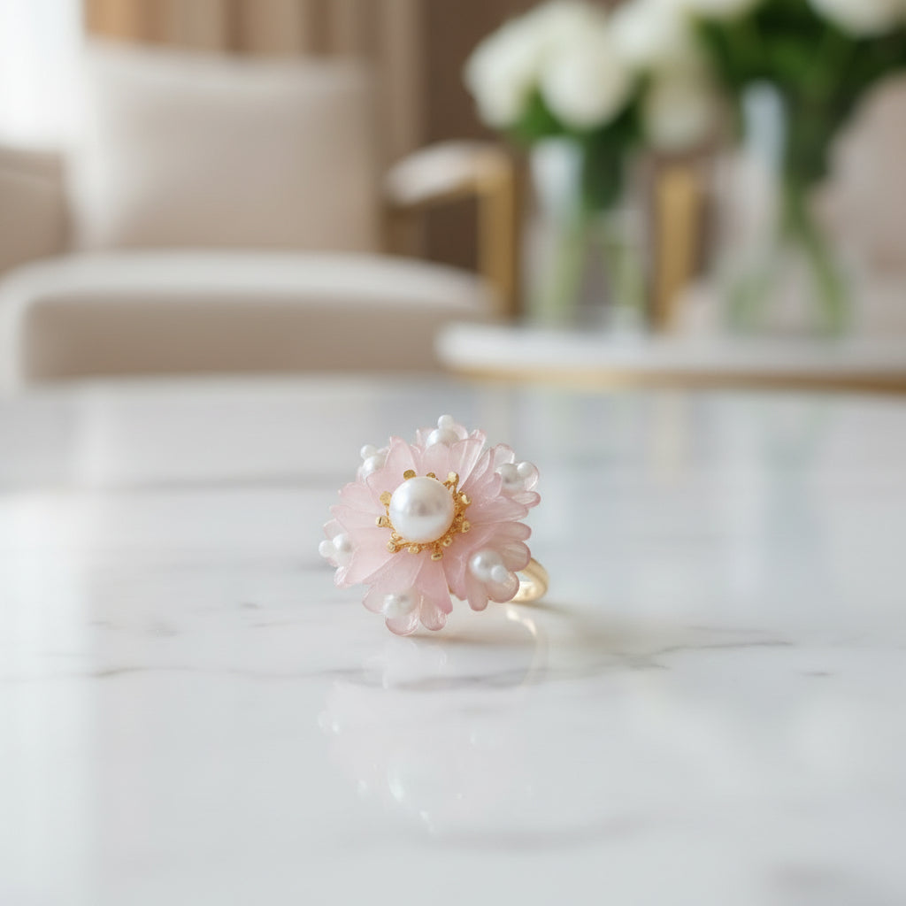 Pink Floral Pearl Statement Ring