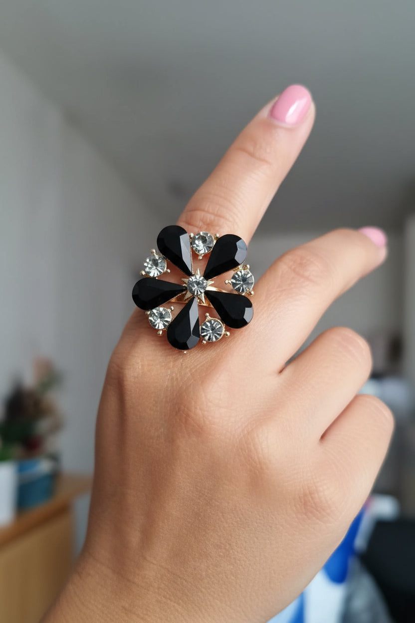 Black Floral Glass Statement Ring