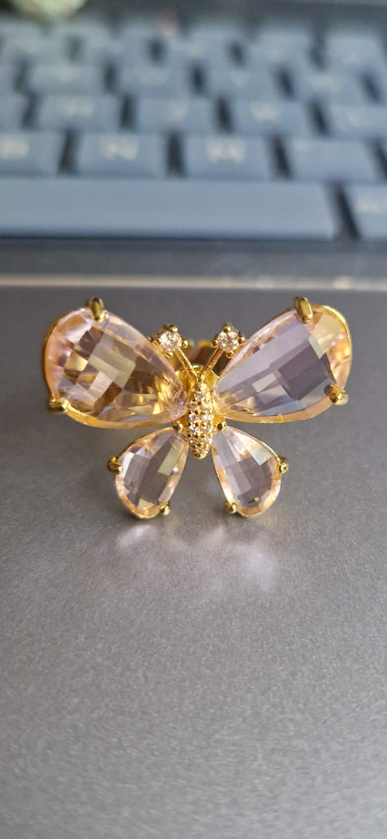 Clear Pink Glass Butterfly Gold Plated Copper Ring