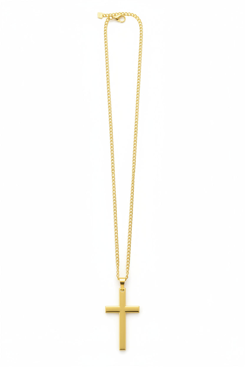 23-Inch Stainless Steel Gold-Plated Cross Necklace — 2-Inch Pendant