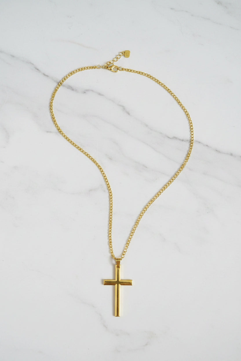 23-Inch Stainless Steel Gold-Plated Cross Necklace — 2-Inch Pendant