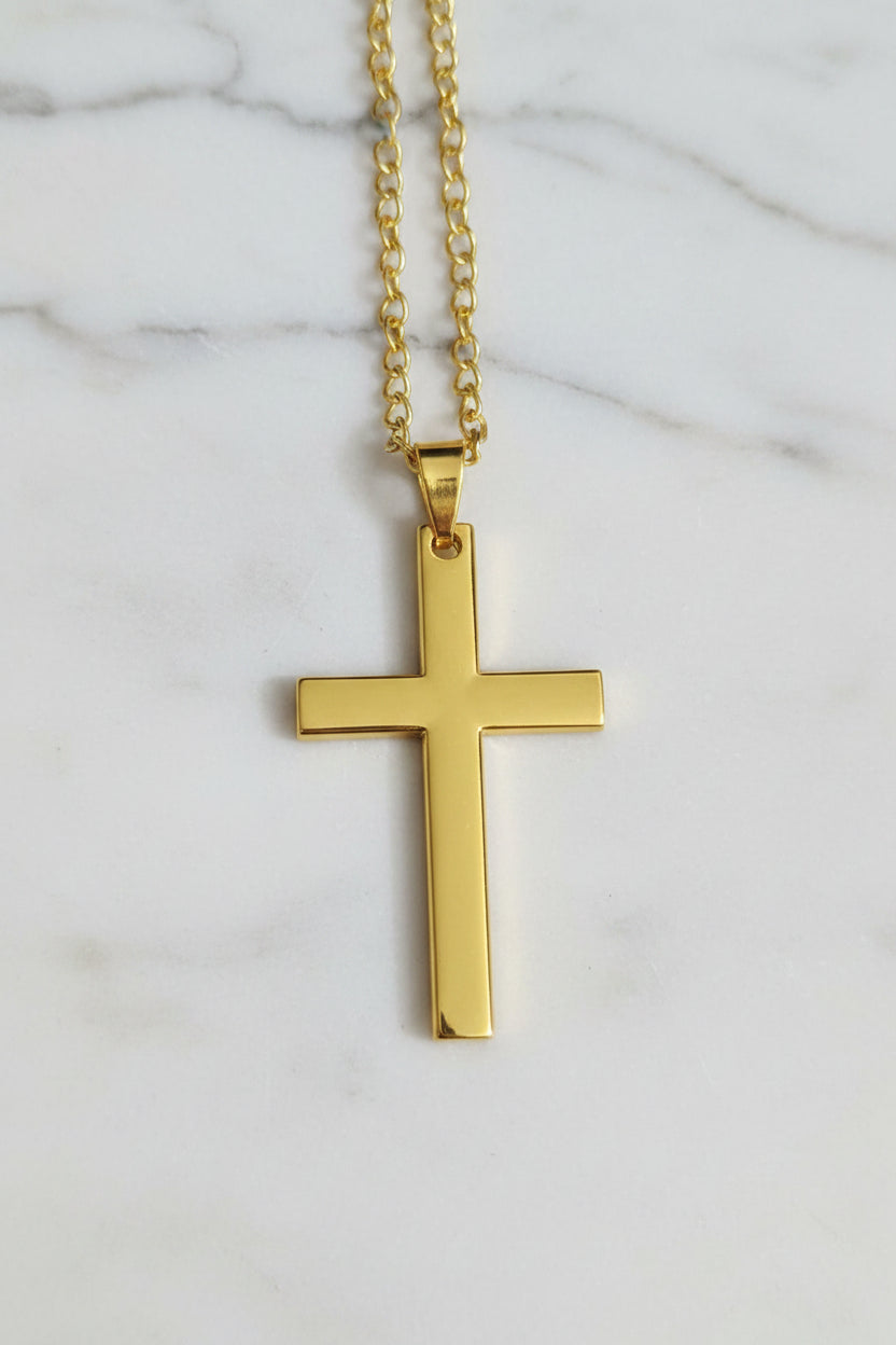 23-Inch Stainless Steel Gold-Plated Cross Necklace — 2-Inch Pendant