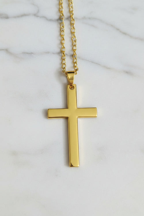 23-Inch Stainless Steel Gold-Plated Cross Necklace — 2-Inch Pendant
